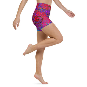 Yoga Shorts, Trippy Red and Purple Abstract Retro Liquid Swirl