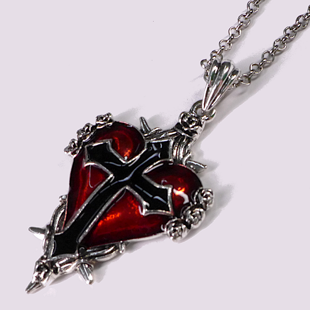 Large Red Heart Black Cross Necklace