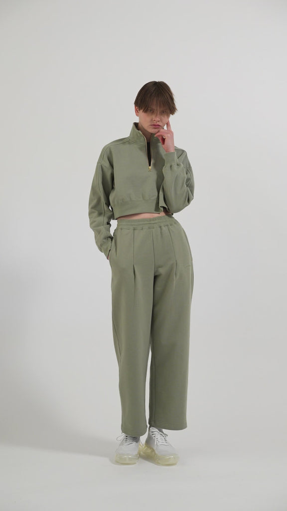 PE/RY CLEAR TWILL 2-TUCK WIDE STRAIGHT PANTS(M Dark green): S'YTE
