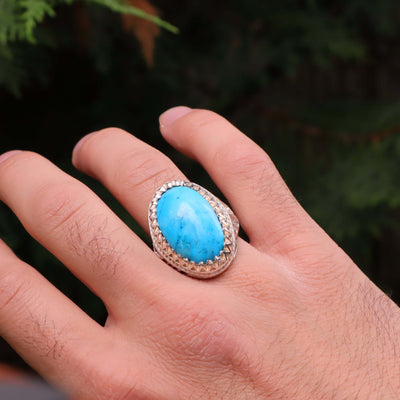 Kermani Feroza Stone Ring | Natural Blue Turquoise Stone Ring | Sterling Silver 92.5 | Geniune Feroza Stone | US Size 11