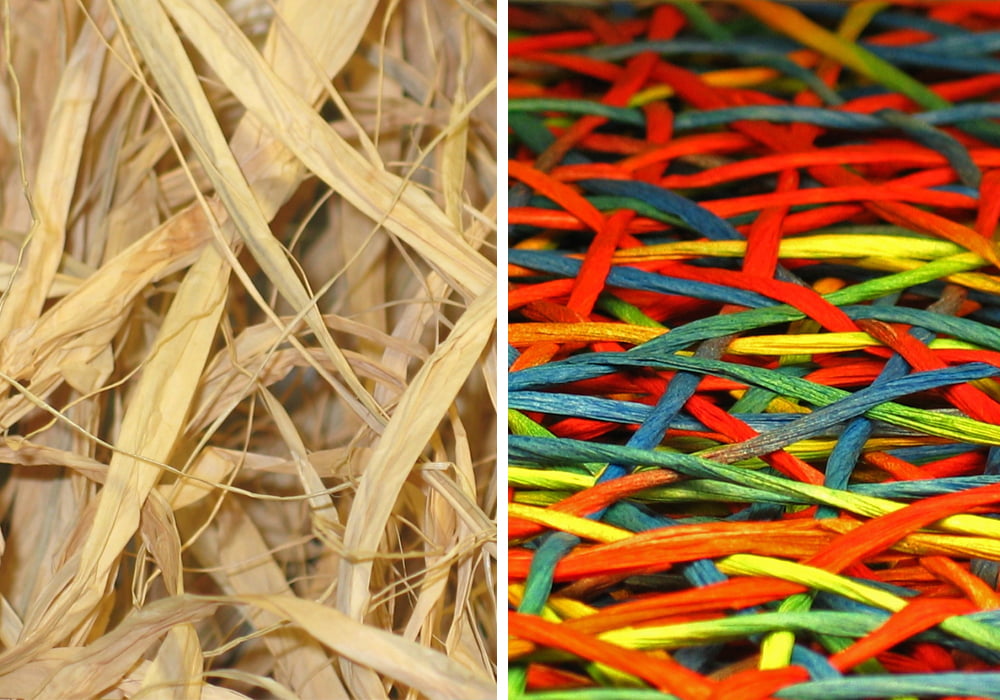 dried natural raffia fibre and colored raffia strings