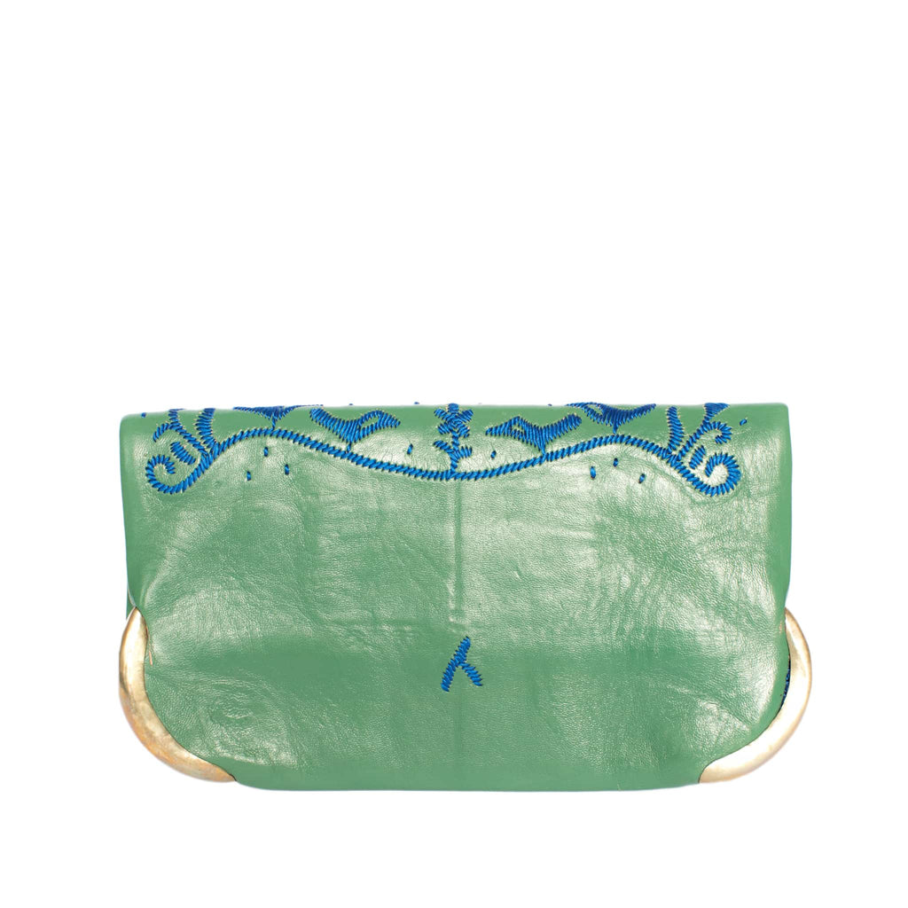 blue and green clutch bag