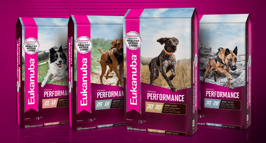 Four bags of Eukanuba Performance Dog Food