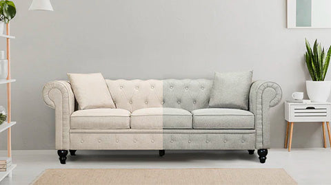 In Living Room, Straight Front View of A Classic, Half Light Grey and Half Beige, Three Seats, Cerna Chesterfield Fabric Sofa.