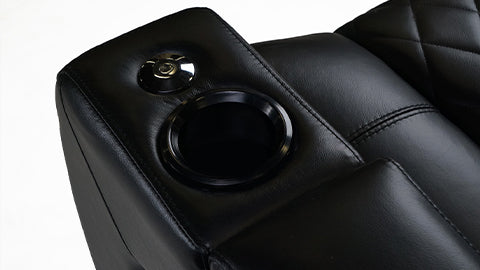 LED Backlit Cupholders Close-Up View of A Luxurious, Midnight Black, Wood and Steel Frame, Tuscany Premium Top Grain Nappa Leather Console 2 Seat Edition Theater Seating.