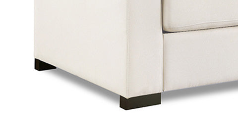 Left-Side, Kiln-Dried Wooden Leg close-up view of a modern, beige, three-seat, eva modern fabric sofa.