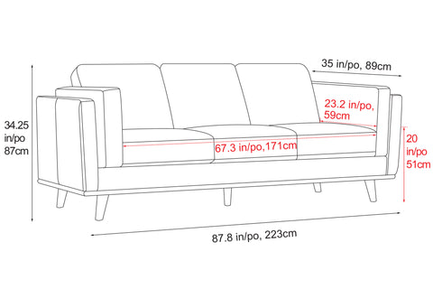 Dimensiones de un Sofá de Cuero Artesanal moderno, coñac, de tres plazas, Altura total 34.25" pulgadas / 87 cm, Ancho total 87.8" pulgadas / 223 cm, Profundidad total 34.25" pulgadas / 87 cm, Profundidad del asiento 23.2" pulgadas / 59 cm, Altura del asiento 20" pulgadas / 51 cm, Ancho del asiento 67.3" pulgadas / 171 cm