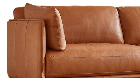 Half Left Angled View of A Modern, Royal Cognac, Two Seats, Chloe Contemporary Italian Nappa Leather Sofa.