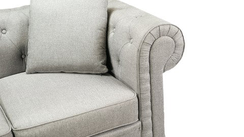Right-Side, Armrest and Seat with A Cushion Close-Up View A Classic, Grey, Three Seats, Cerna Chesterfield Fabric Sofa