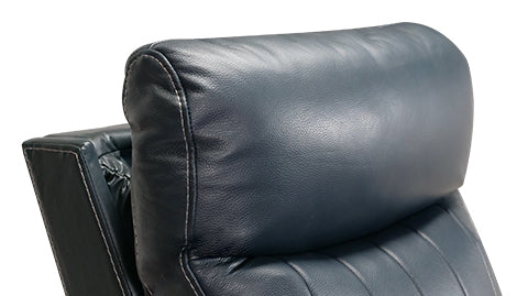 Left Angled Power Headrest Close-Up View of A Modern, Navy Blue, Single Seat, Leather Recliner Chair.