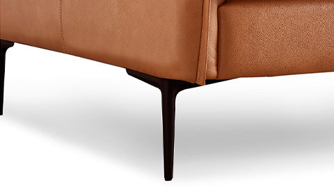 Steel Legs Close-Up View of A Modern, Walnut Brown, Three Seats, Top-Grain Premium Leather Contemporary Sofa.