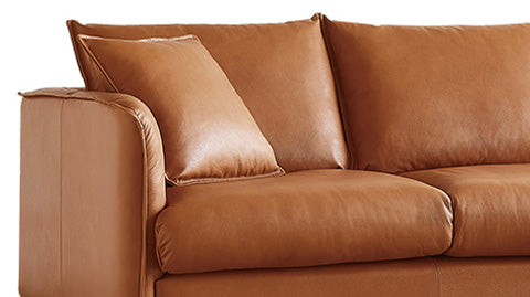 Left Side Half View of A Modern, Walnut Brown, Three Seats, Top-Grain Premium Leather Contemporary Sofa.