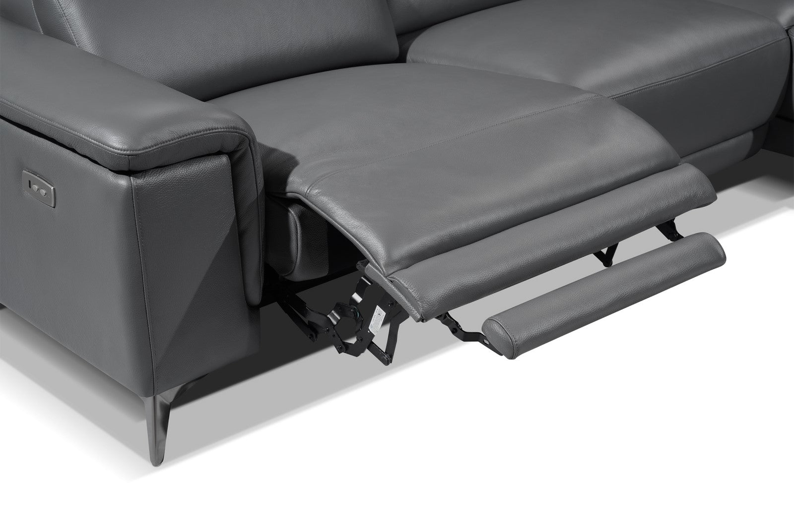 Right-Side's Recliner On Close-Up View of A Luxurious, Grey, Solid Wood Frame with Steel Frame, Pista Modern Top Grain Leather Reclining Sectional Sofa with Right-Hand Facing Chaise.