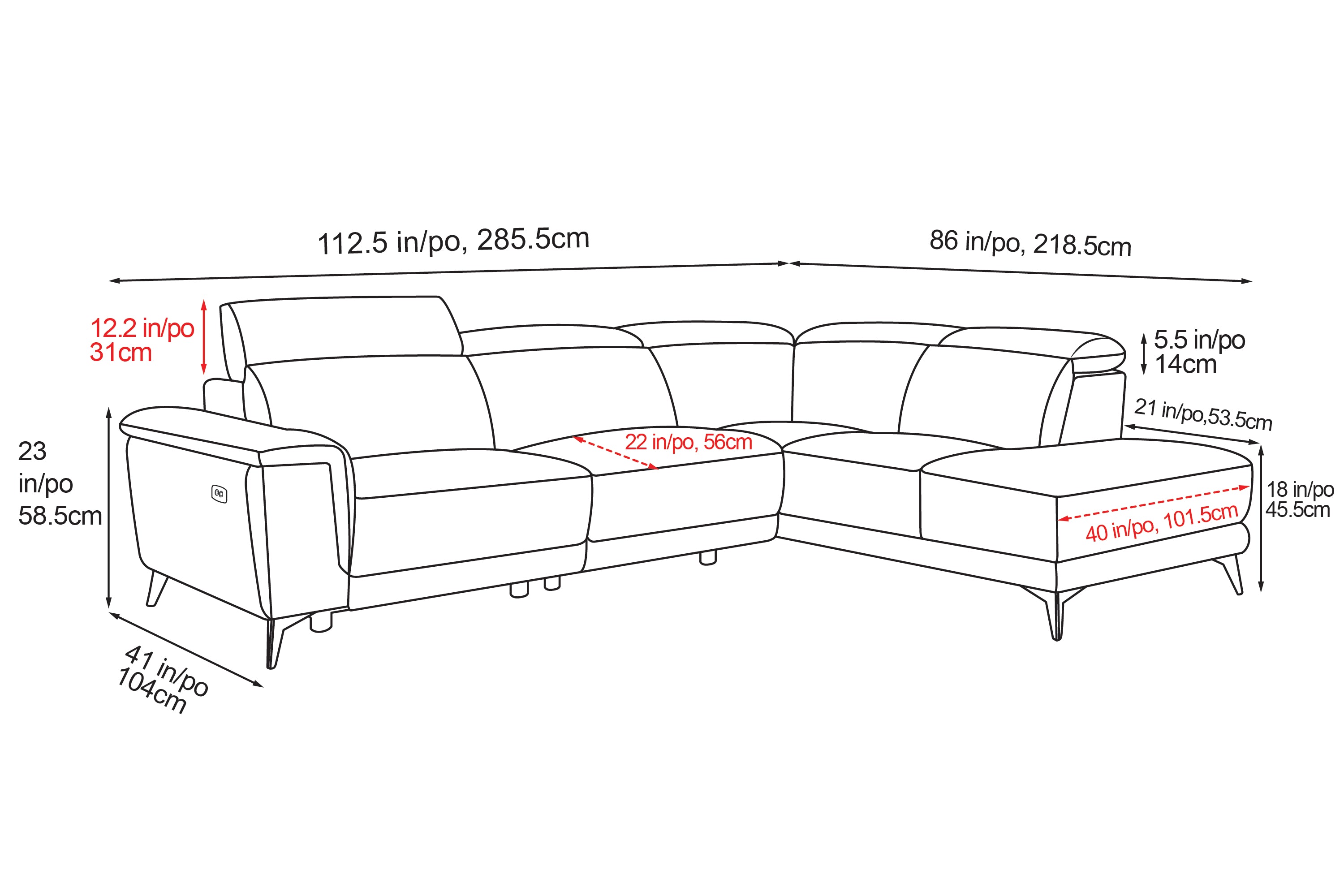 Dimension of Pista Modern Top Grain Leather Reclining Sectional Sofa with Right-hand Facing Chaise, Grey, Overall Height 35.2" Inches/89.5 CM, Overall Wide 112.5" Inches/285.5 CM, Overall Depth 62" Inches/157.5 CM, Seat Width 40" Inches/101.5 CM, Armrest to Bottom Height 18" Inches/45.5 CM.