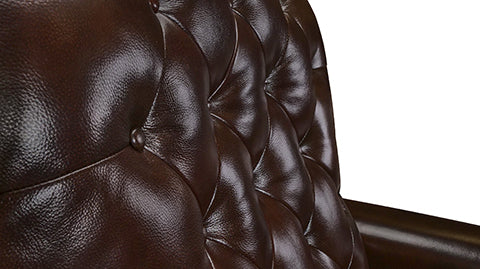 Tufted Button Close-Up View of A Luxurious, Dark Chocolate, Single Seat, Italian Moulin Leather Recliner Chair.