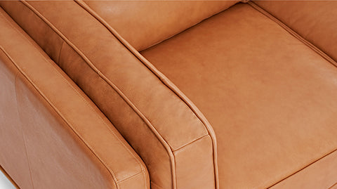 Left-Side, Half Armrest & Half Seat Close-Up View of A Modern, Cognac, Three Seats, Leather Artisan Sofa