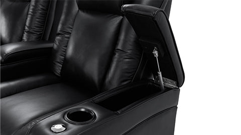 Right-Side's, Hidden Opened Armrest Storage and Cup Holder Close-Up View of A Luxurious, Midnight Black, Wood and Steel Frame, Rome Premium Top-Grain Nappa Leather Theater Seating.