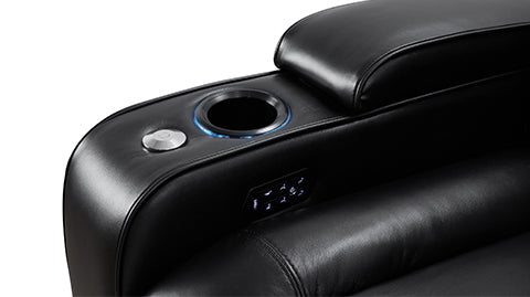 Left-Side's, Black Cup Holder Close-Up View of A Luxurious, Midnight Black, Wood and Steel Frame, Rome Premium Top-Grain Nappa Leather Theater Seating.