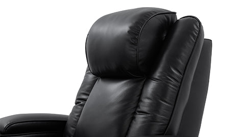 Adjustable Power Headrest Close-Up View of A Luxurious, Midnight Black, Wood and Steel Frame, Rome Premium Top-Grain Nappa Leather Theater Seating.