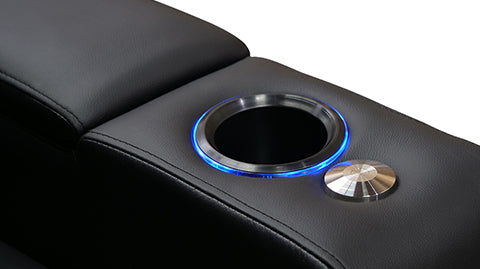 LED Cup Holders Close-Up View of A Luxurious, Midnight Black, Three Seats with Dropdown Center Console, Top Grain Leather Piacenza Headrest Console on a White Background.