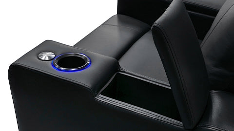 Hidden Arm Storage Close-Up View of A Luxurious, Midnight Black, Three Seats with Dropdown Center Console, Top Grain Leather Piacenza Headrest Console on a White Background.