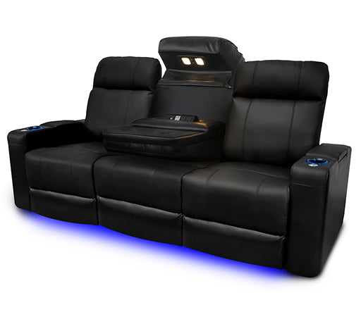 Right Angled Front View of A Luxurious, Midnight Black, Three Seats with Dropdown Center Console, Top Grain Leather Piacenza Headrest Console on a White Background.
