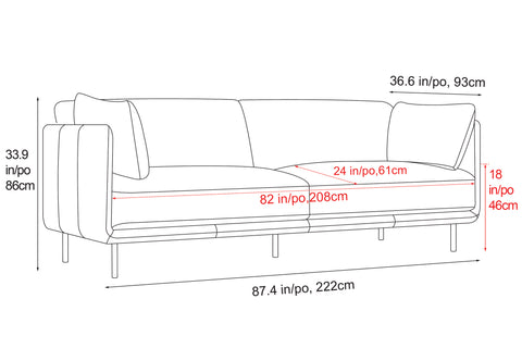 Dimension of Straight Front View of A Modern, Royal Cognac, Two Seats, Chloe Contemporary Italian Nappa Leather Sofa, Overall Height 33.9" Inches/86CM, Overall Wide 87.4" Inches/222CM, Overall Depth 36.6" Inches/93CM, Overall Seat Width 82" Inches/208CM, Seat to Bottom Height 18" Inches/46CM.