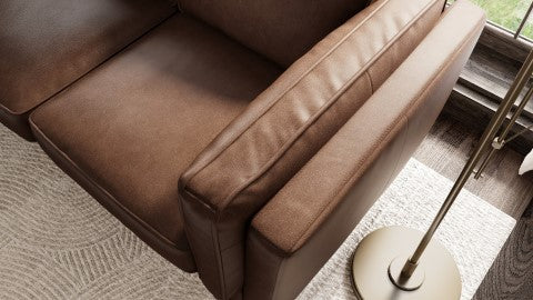 Left-Side, Half Armrest & Half Seat Close-Up View of A Modern, Brown, Three Seats, Leather Artisan Sofa