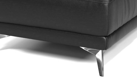 Right-Side's Steel Legs Close-Up View of A Luxurious, Black, Solid Wood Frame with Steel Frame, Pista Modern Top Grain Leather Reclining Sectional Sofa with Right-Hand Facing Chaise.