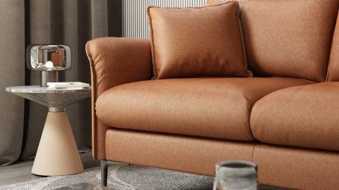 Left Side Half View of A Modern, Walnut Brown, Three Seats, Top-Grain Premium Leather Contemporary Sofa.