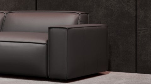 Right-Side, Armrest and Half Seat Close-Up View of Modern, Black, Loveseat, Full Aniline Top Grain Leather Modular Sofa in a room.