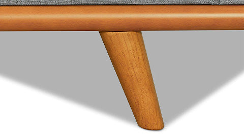 Wooden Frame Leg, Close-Up View of A Modern, Grey, Three Seats, Fabric Artisan Swiss Linen Sofa.