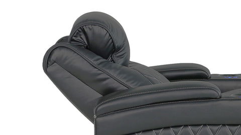 Power Headrest Close-Up View of A Classic, Midnight Black, Wood and Steel Frame, Oslo Italian Nappa Leather Home Theater Seating.