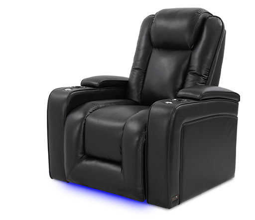 In a White Background, There is Right Angled Front View of A Luxurious, Midnight Black, Single Seat, Wood and Steel Frame, Rome Premium Top-Grain Nappa Leather Theater Seating.