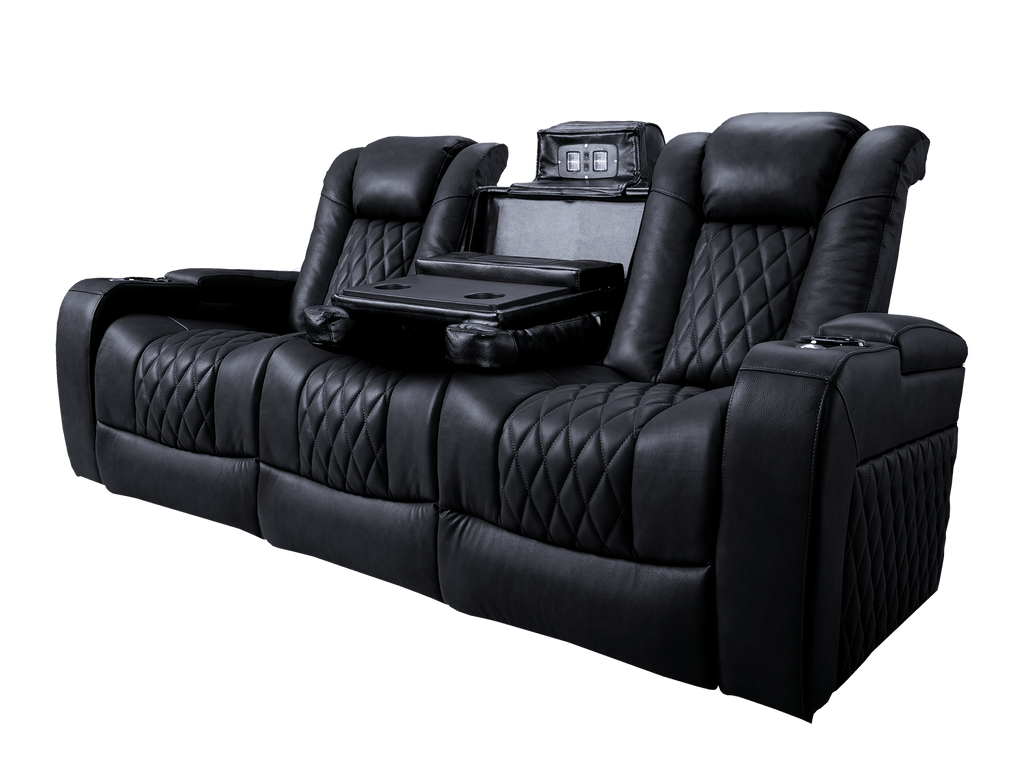 Right Angled Front View of A Luxurious, Midnight Black, Wood and Steel Frame, Tuscany Premium Top Grain Nappa Leather Console 2 Seat Edition Theater Seating.