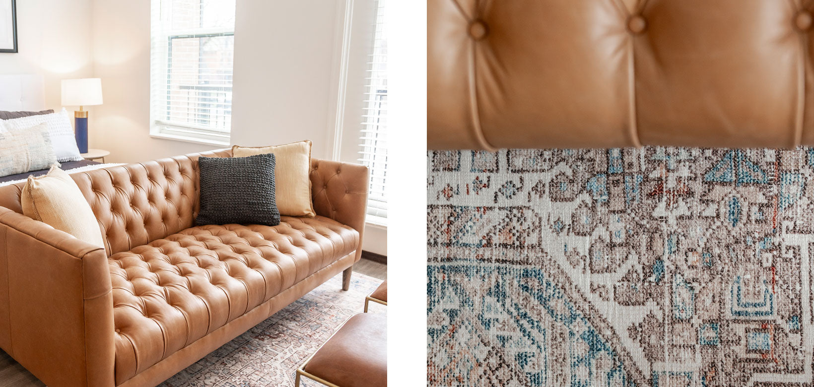 Caramel leather tufted sofa on a printed rug. 