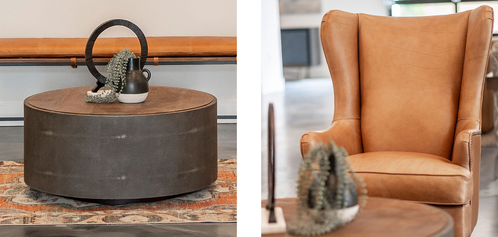 Leather wing chair and round charcoal coffee table