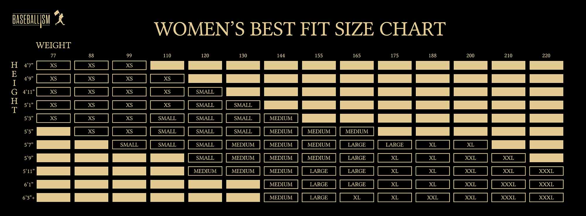 Baseballism Women's Size Chart