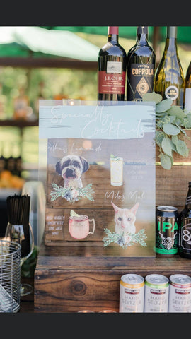 wedding signature drink sign with pet portraits in watercolor style