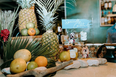 wedding bar sign with dog portrait signature drinks