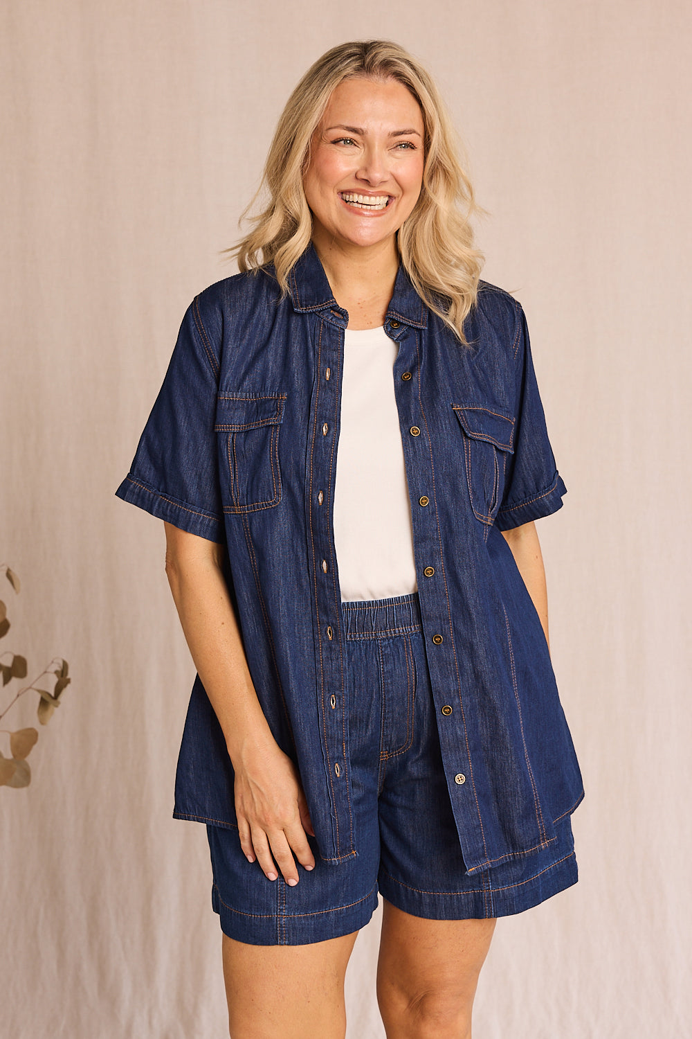 Plus Size Denim Snap Button Front Shirt - Dark Wash