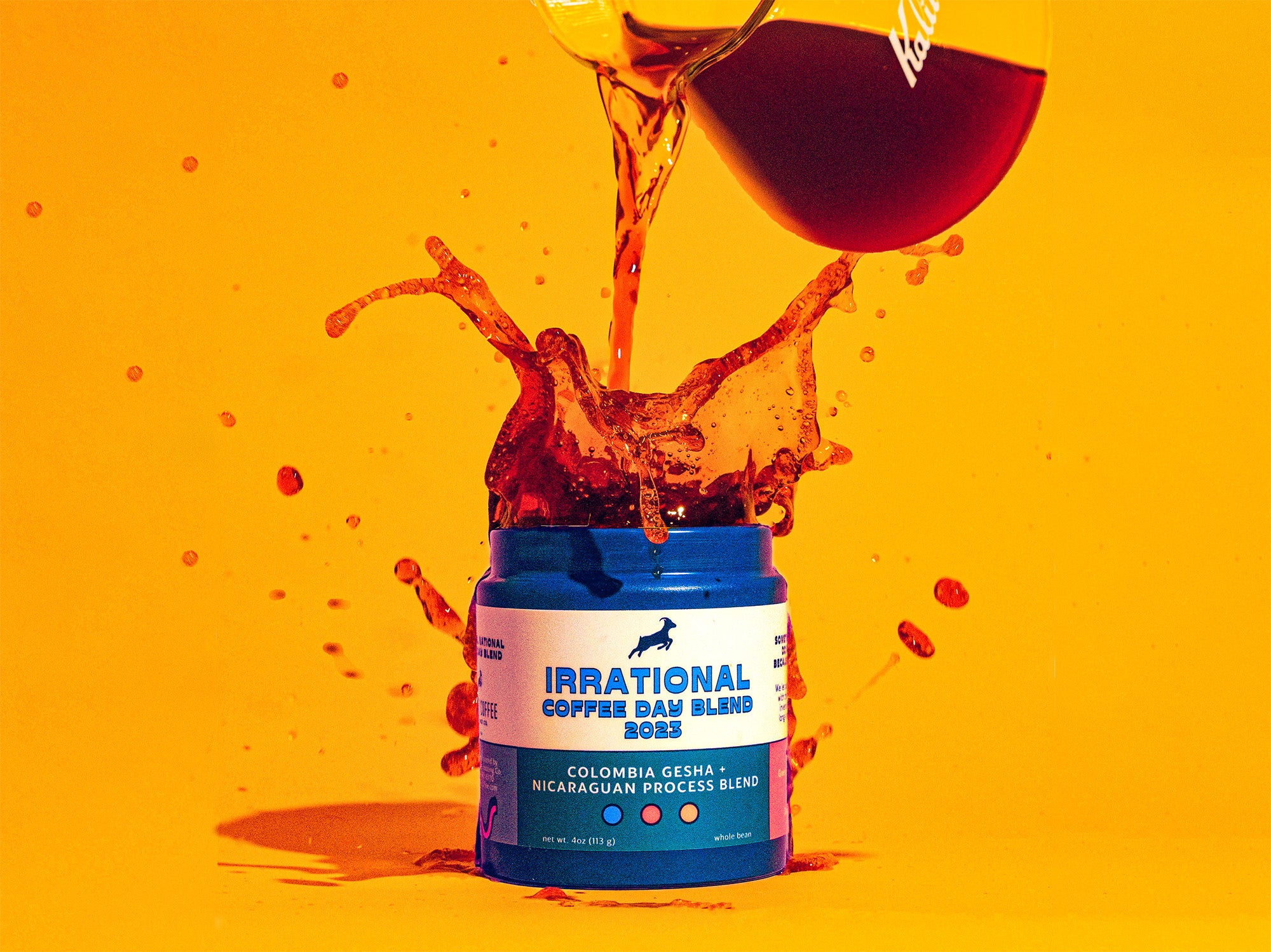 Coffee splashes wildly from a tin of Kaldi's Irrational Coffee Blend