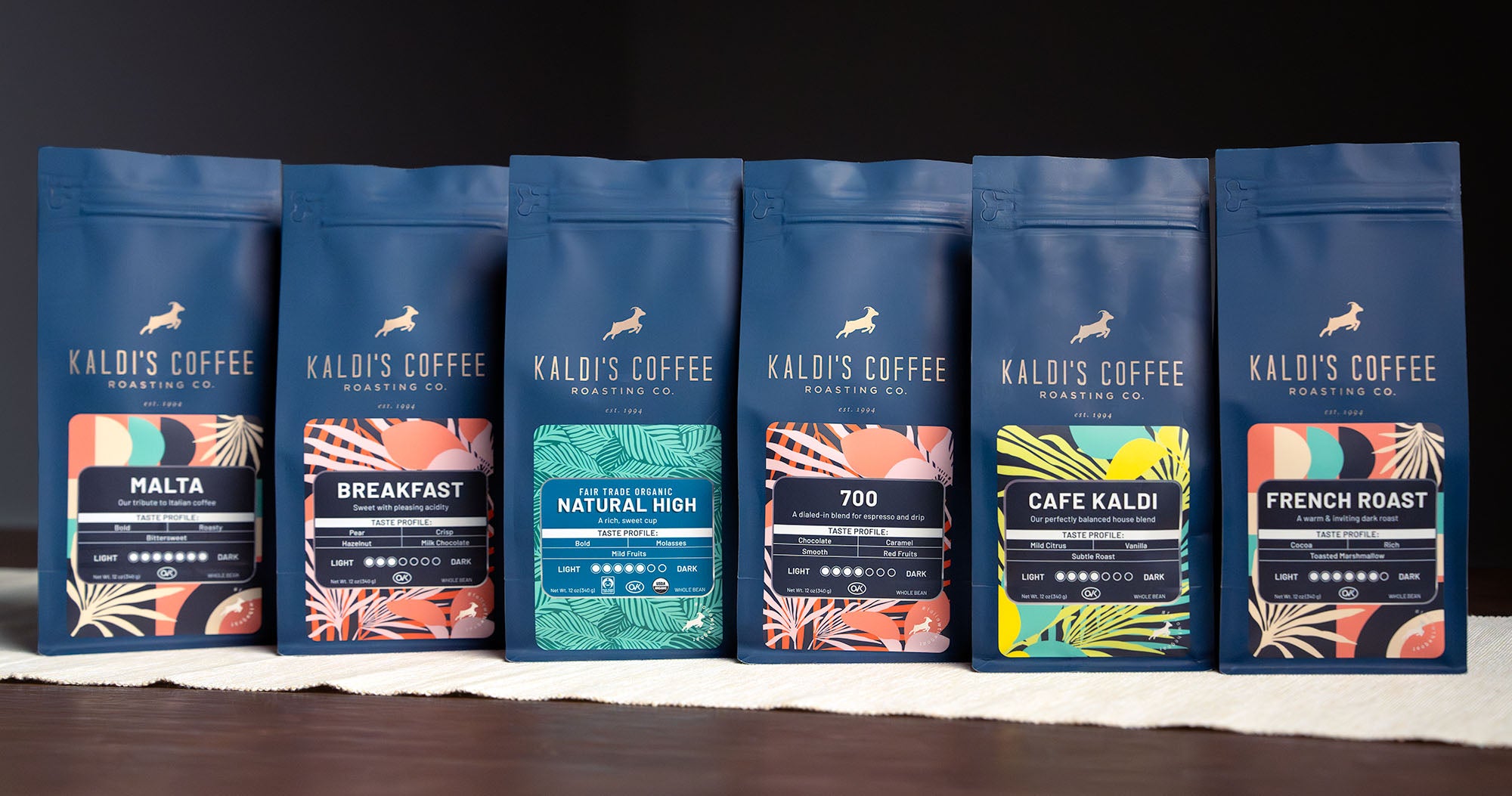 A variety of vibrant coffee bags