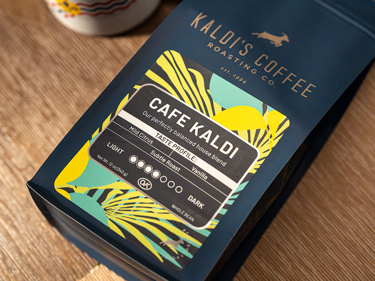 12oz bag of Cafe Kaldi coffee blend with a focus on the taste profile