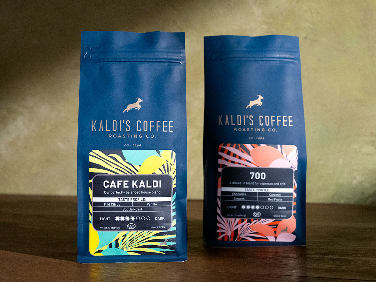 A 12oz bag of Cafe Kaldi and a bag of 700