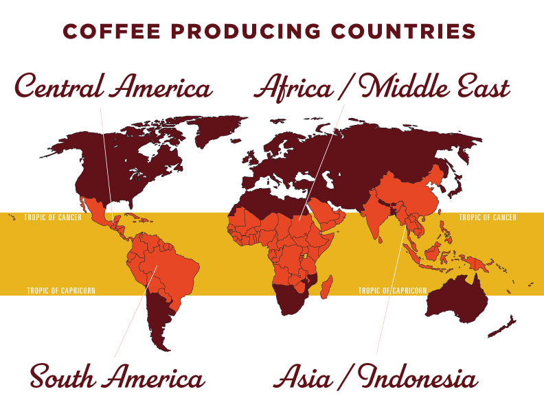 A map of the Coffee Producing Regions around the world