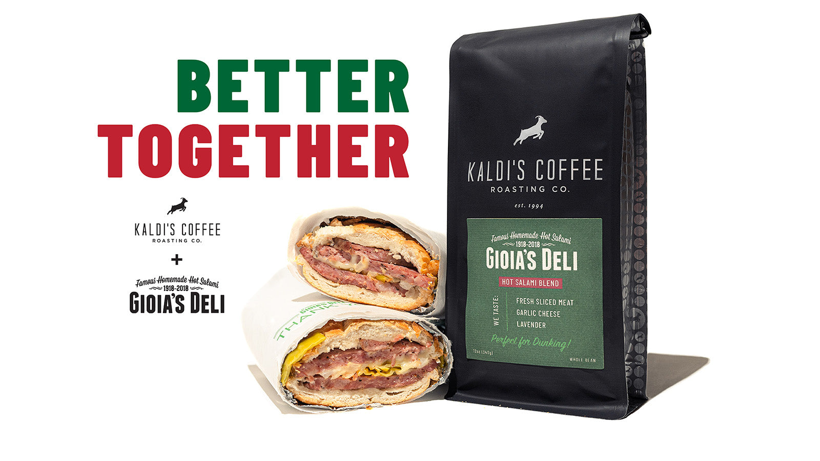 Kaldi's and Gioia's Deli ad showing an April Fools "Hot Salami Blend" beside a sandwich and logos