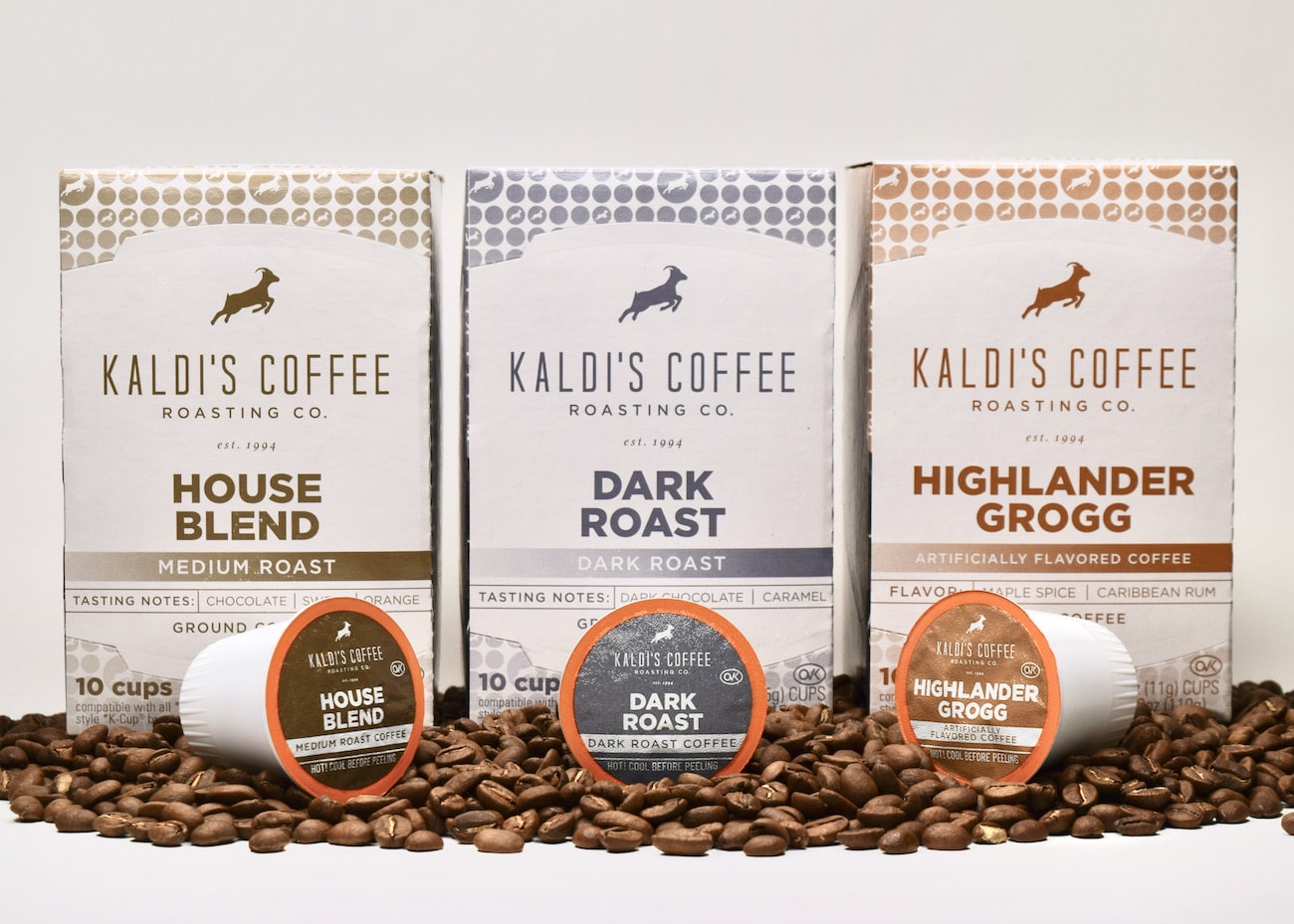 Kaldi's Coffee Pods Boxes - House Blend, Dark Roast, and Highlander Grogg
