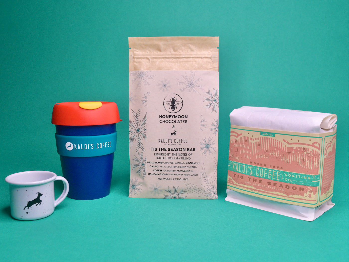 Coffee Mug Ornament, Plastic Teal Keep Cup, 'Tis the Season Chocolate Bar, and 12oz 'Tis the Season Coffee Bag