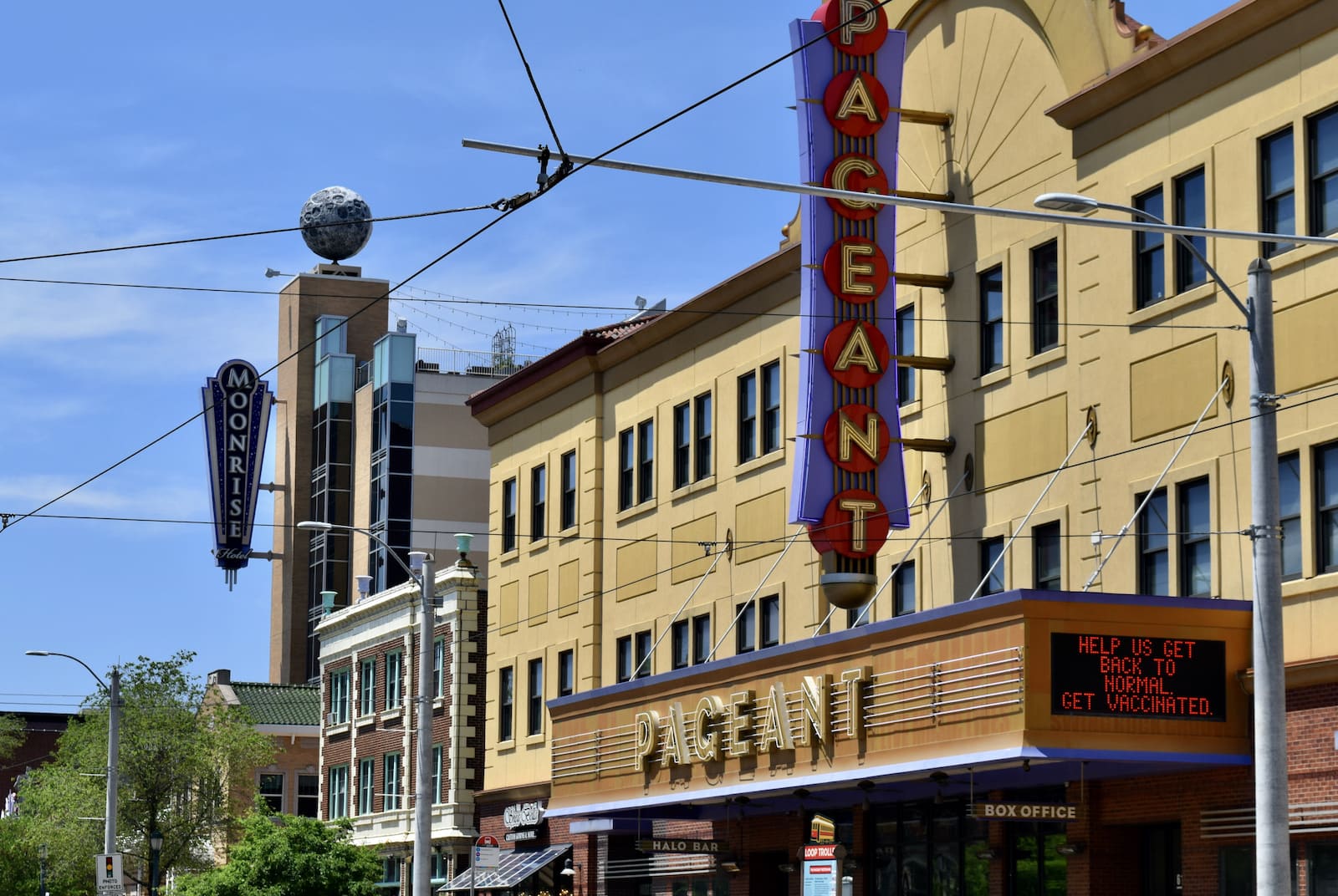 The exterior of the Pageant and Moonrise Hotel in the Loop in St. Louis, MO